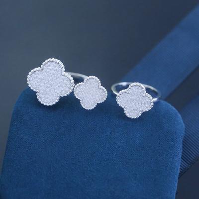 Wholesale 925 Sterling Silver Fine Jewelry Trendy Custom Adjustable Ring Four Leafs Clover Zircon Rings For Girls